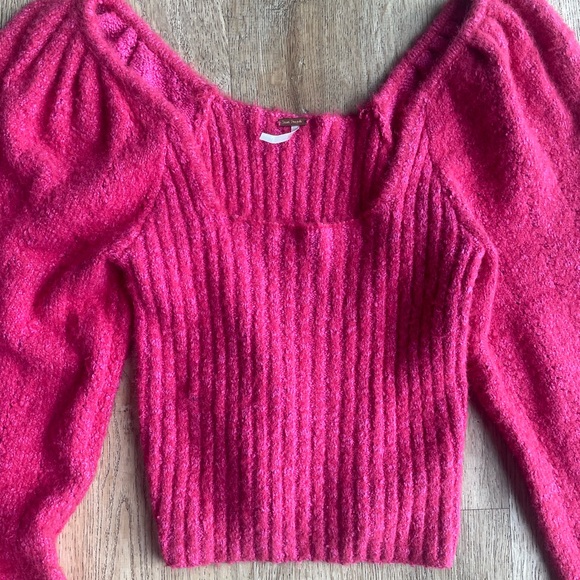 Free People Pink Puff Sleeve Sweater Top Size M Cropped Knit Square Neck Boho - Picture 2 of 5